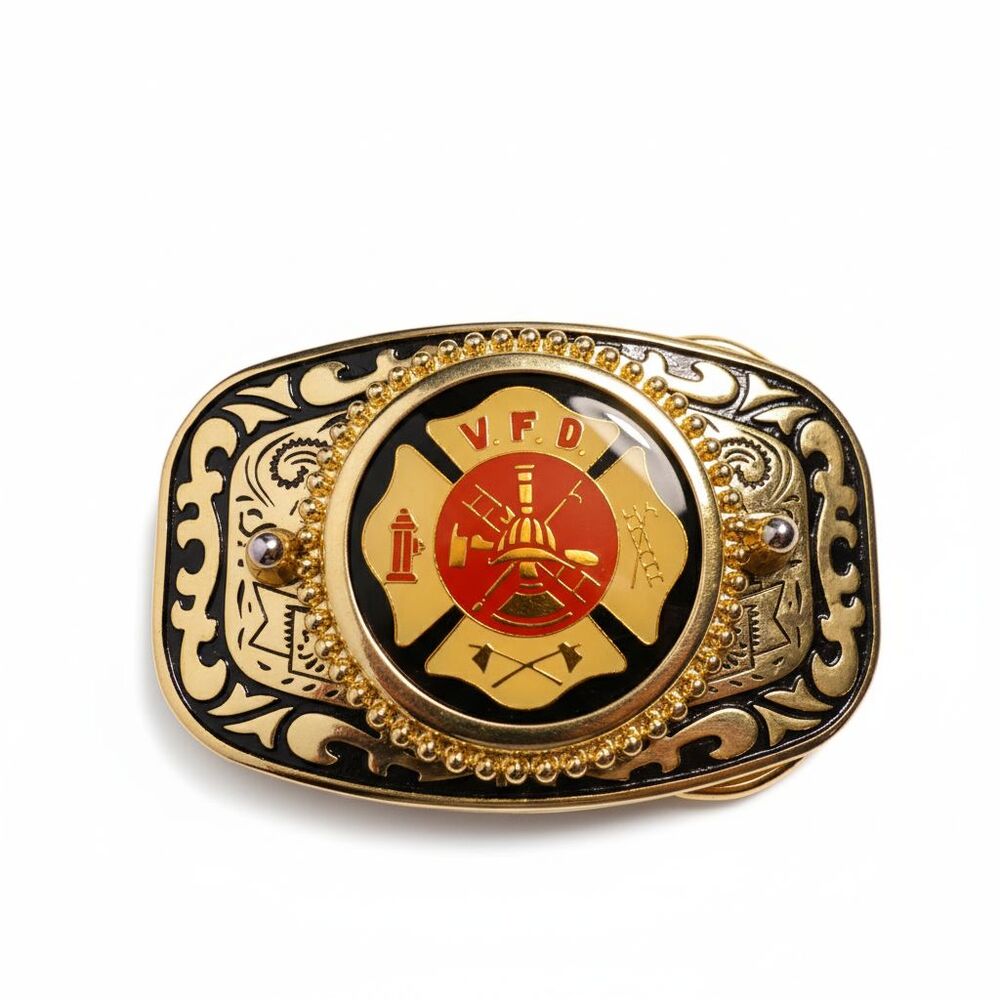 Brass Enamel Volunteer Fire Department Belt Buckle VFD Made In USA